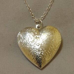New embossed heart locket silver tone necklace